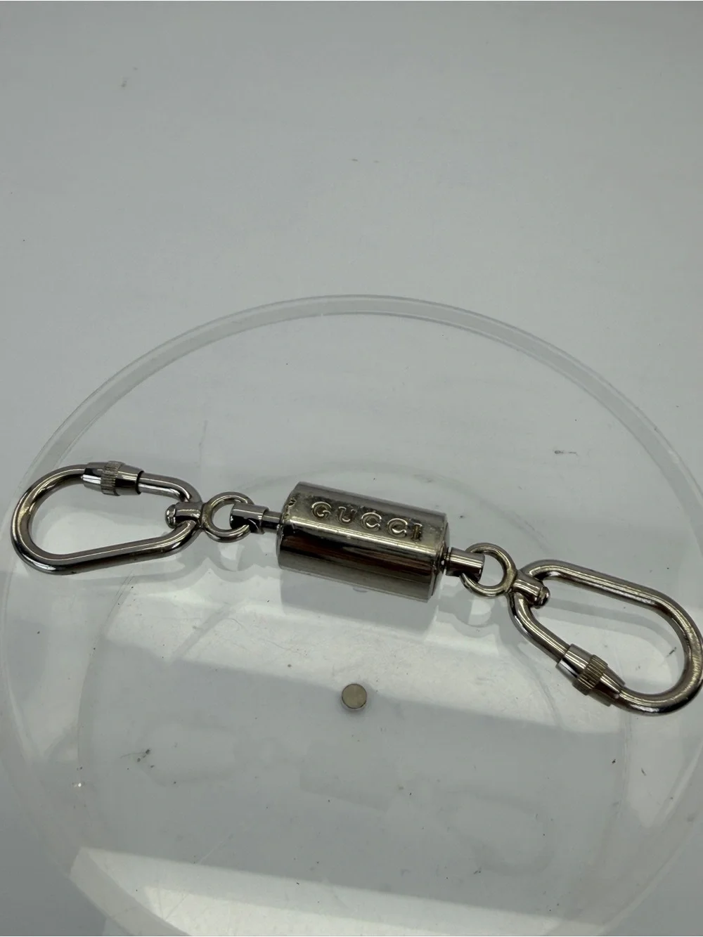 Gucci Logo Silver Tone Carabiner Double Key Ring Holder Charm Made in Italy Used